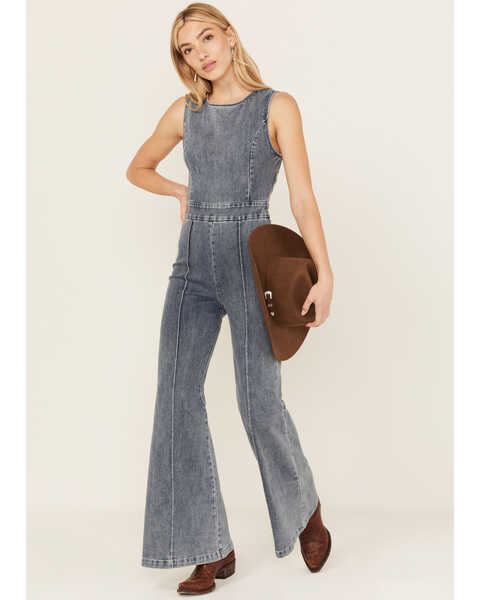 Image #1 - Flying Tomato Women's It's Another Day Light Denim Jumpsuit , Blue, hi-res
