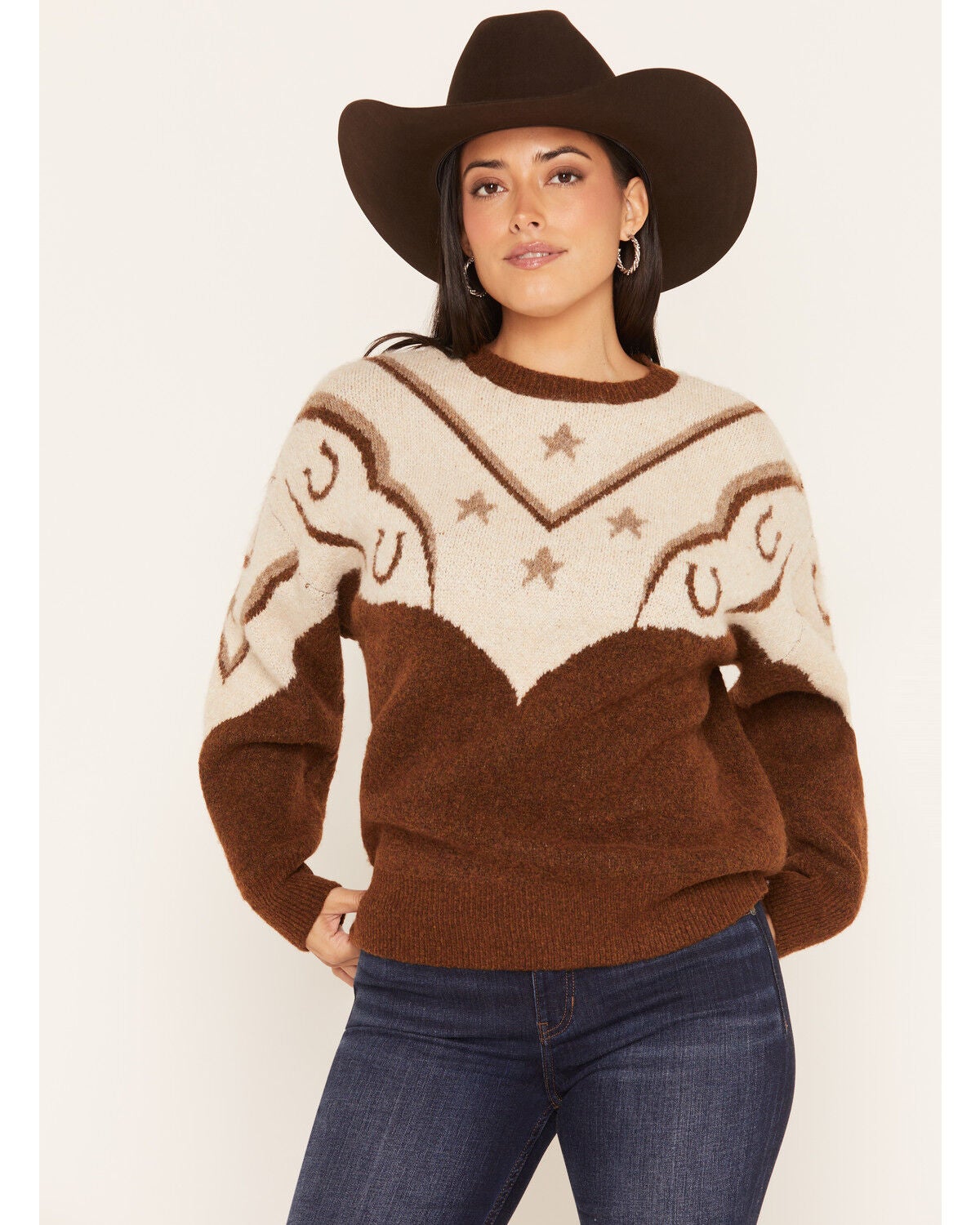 Image #1 - Panhandle Slim Women's Conversational Yoke Sweater, Brown, hi-res