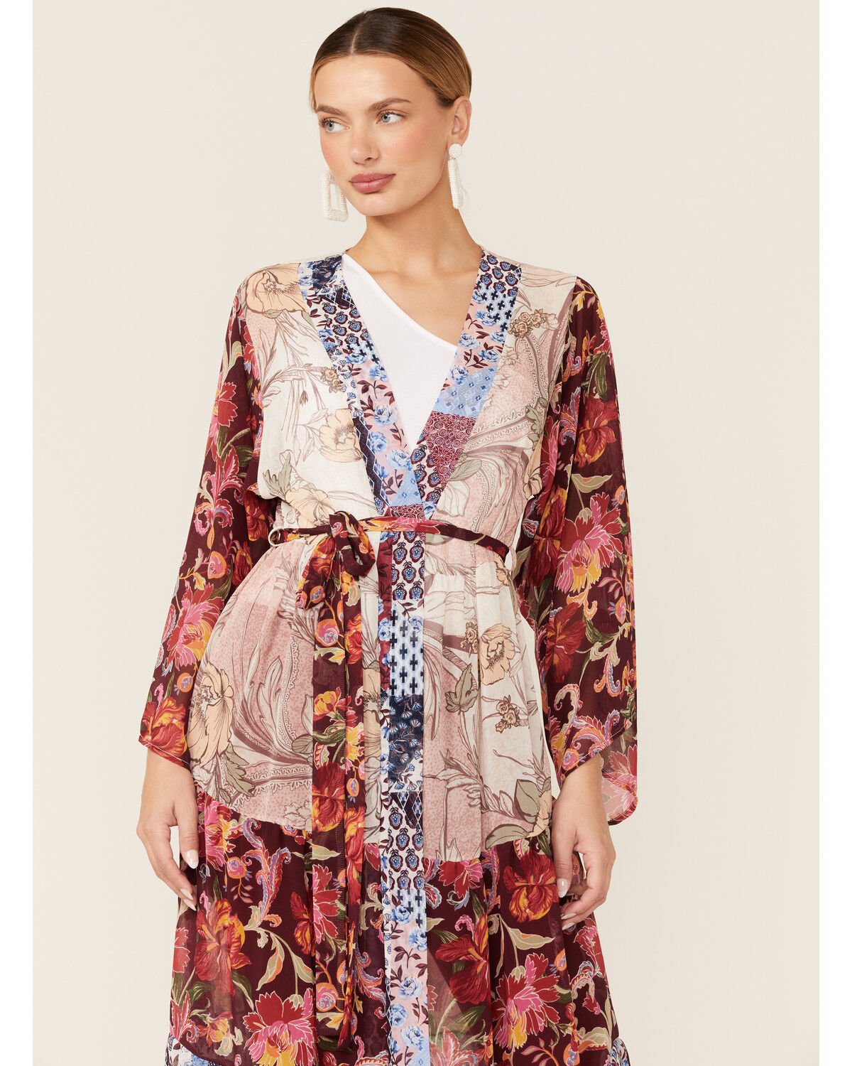 Image #4 - LaBiz Women's Navy & Burgundy Floral Long Kimono, Navy, hi-res