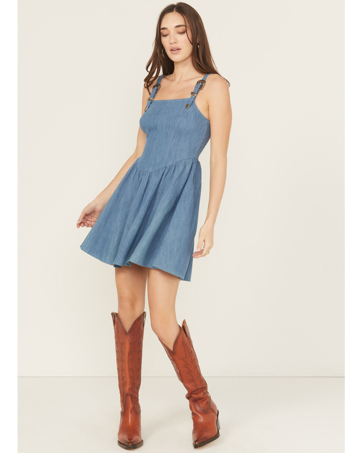 Image #1 - Rock & Roll Denim Women's Medium Wash Buckle Strap Sleeveless Denim Mini Dress, Medium Wash, hi-res