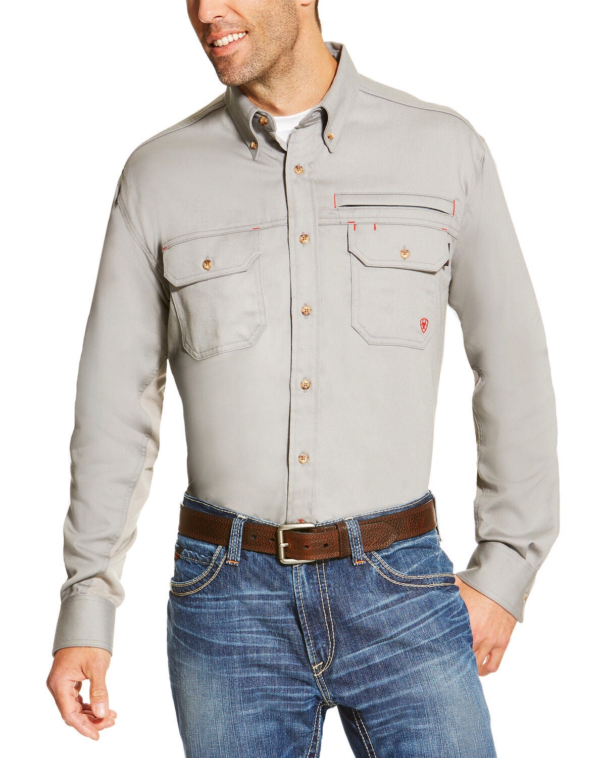 Ariat Men's FR Solid Vent Long Sleeve Button Down Work Shirt - Big, Silver, hi-res