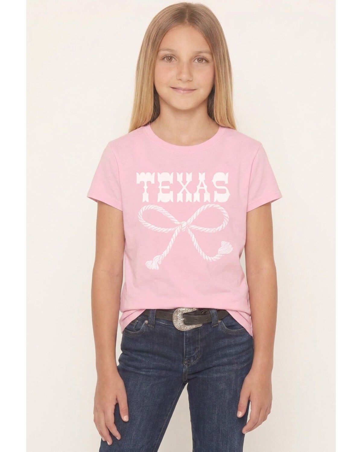 Image #1 - Americana Girls' Texas Rope Bow Short Sleeve Graphic Tee, Pink, hi-res