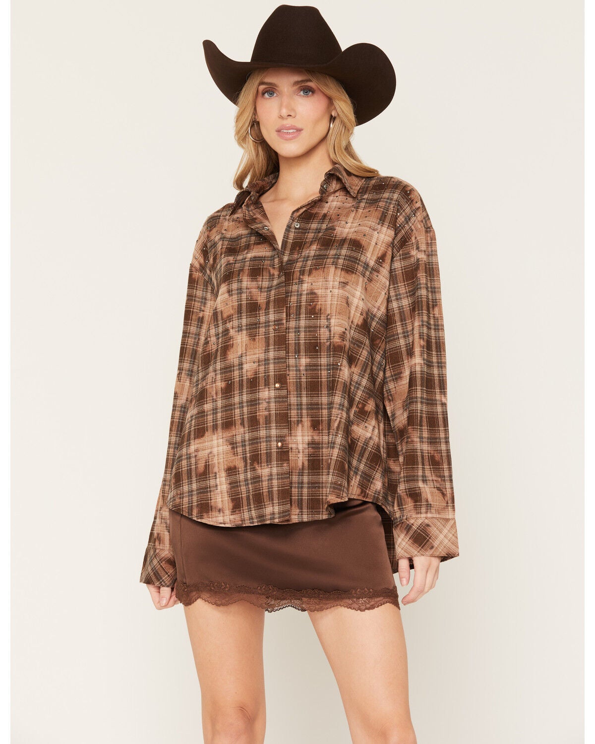 Image #1 - Cleo + Wolf Women's Rhinestone Distressed Plaid Print Long Sleeve Pearl Snap Flannel Shirt, Brown, hi-res