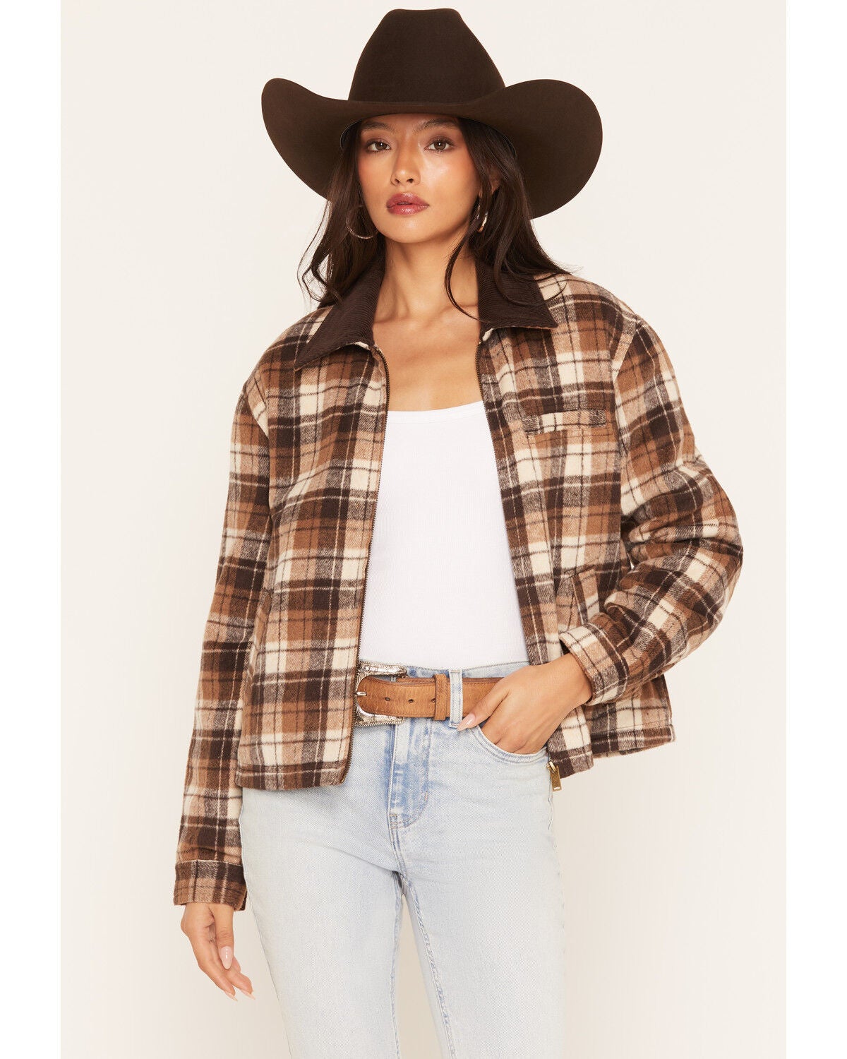 Image #1 - Ashley Women's Plaid Print Jacket, Cream/brown, hi-res