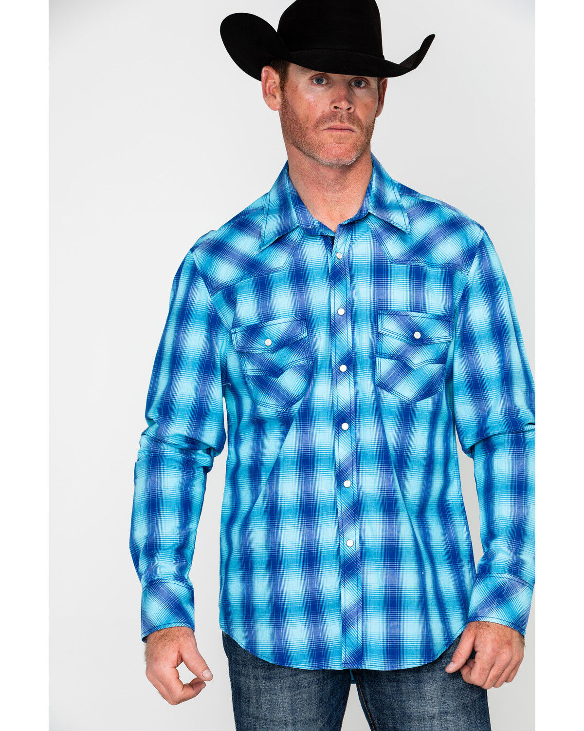 Image #1 - Rock & Roll Denim Men's Crinkle Washed Yarn Dye Plaid Long Sleeve Western Shirt, Blue, hi-res