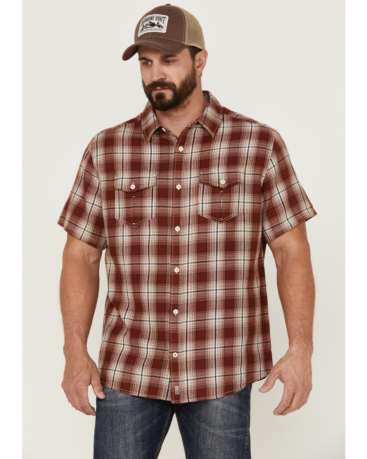 Image #1 - Brothers and Sons Men's Large Plaid Short Sleeve Button Down Western Shirt, Red, hi-res