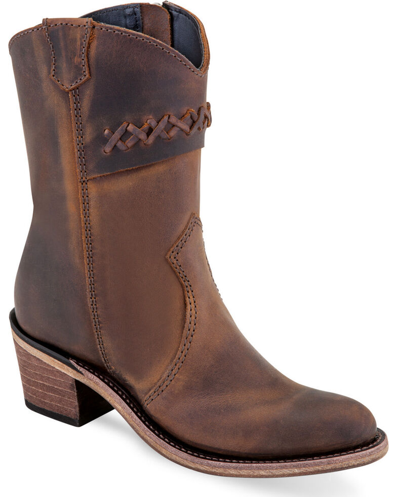 Old West Girls' Brown Stitched Short Booties - Round Toe , Brown, hi-res