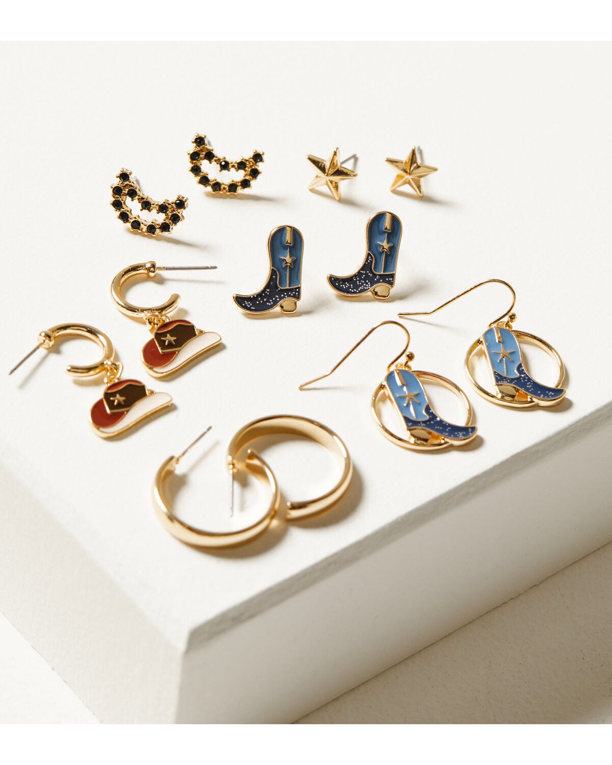 Shyanne Women's Gold 6-Piece Moon & Sun Cowgirl Hat & Boot Earrings Set, Multi, hi-res