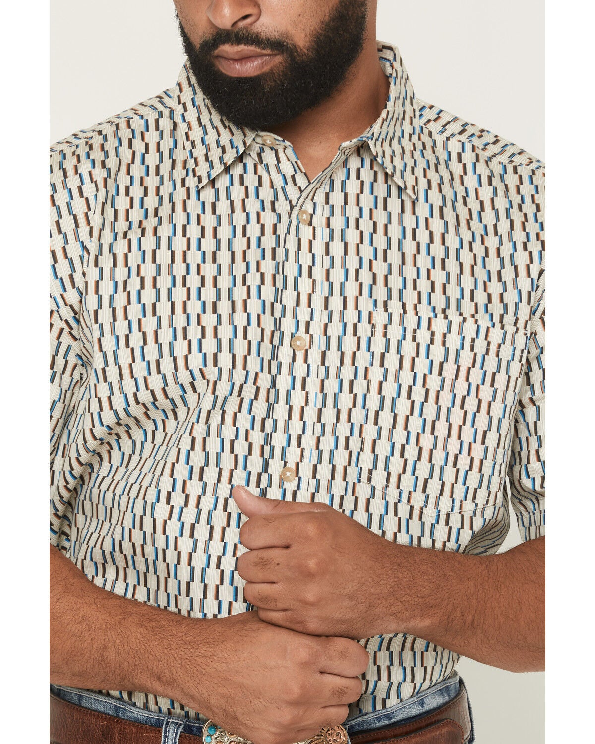 Image #3 - Gibson Trading Co Men's Boxer Geo Print Short Sleeve Button-Down Western Shirt, Cream, hi-res
