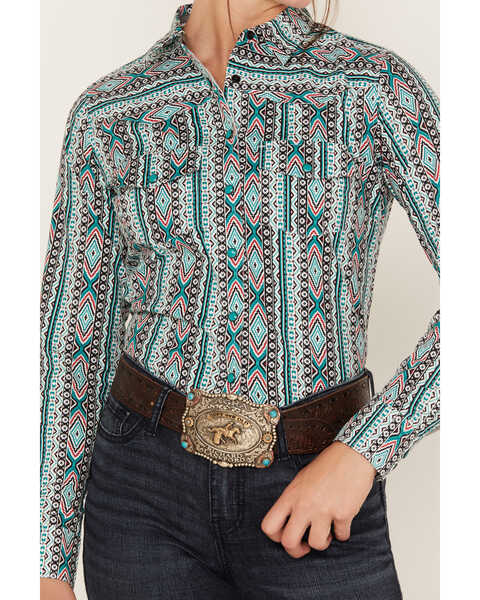 Image #3 - RANK 45® Women's Southwestern Striped Print Long Sleeve Snap Western Riding Shirt, Teal, hi-res