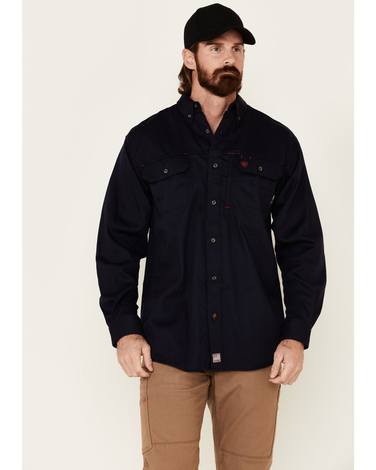 Ariat Men's FR Solid Vent Long Sleeve Button Down Work Shirt, Navy, hi-res