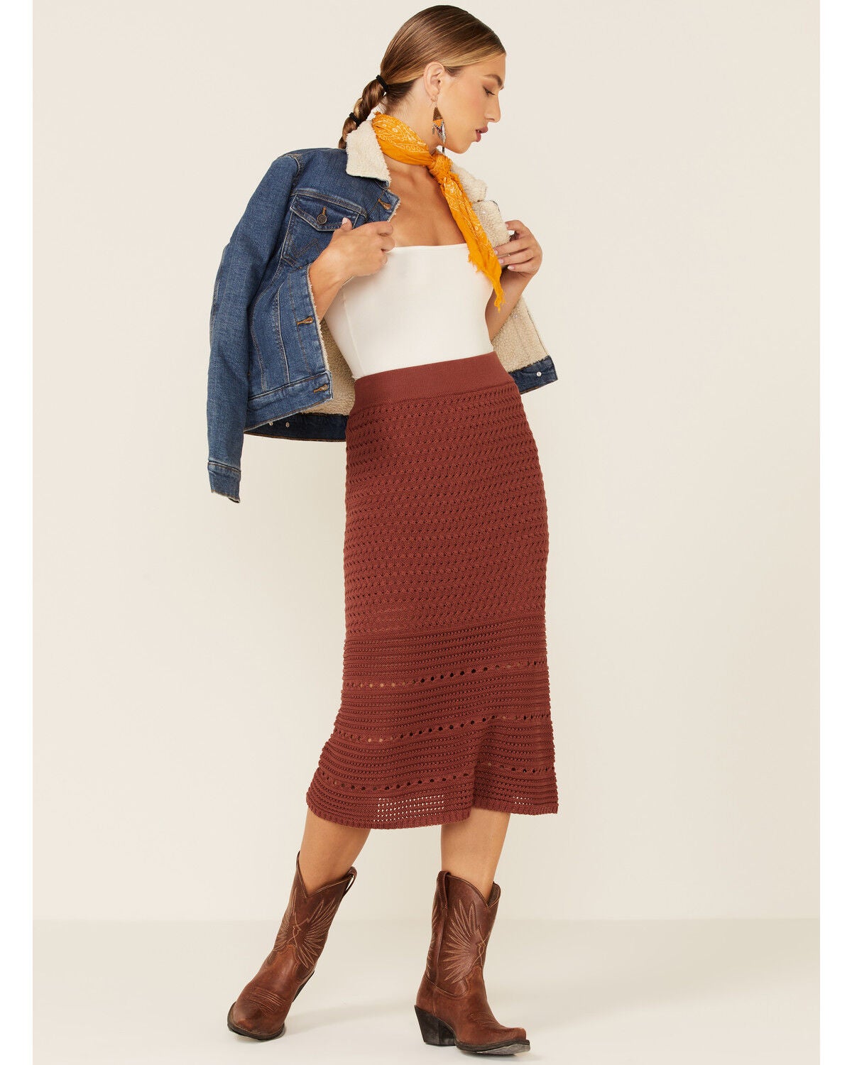rust midi skirt