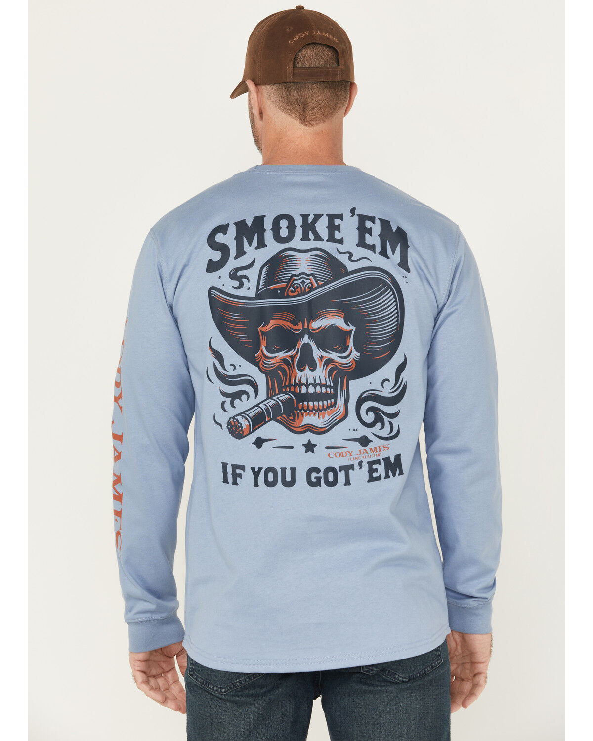 Image #1 - Cody James Men's FR Smoke Em Long Sleeve Graphic Work T-Shirt, Light Blue, hi-res