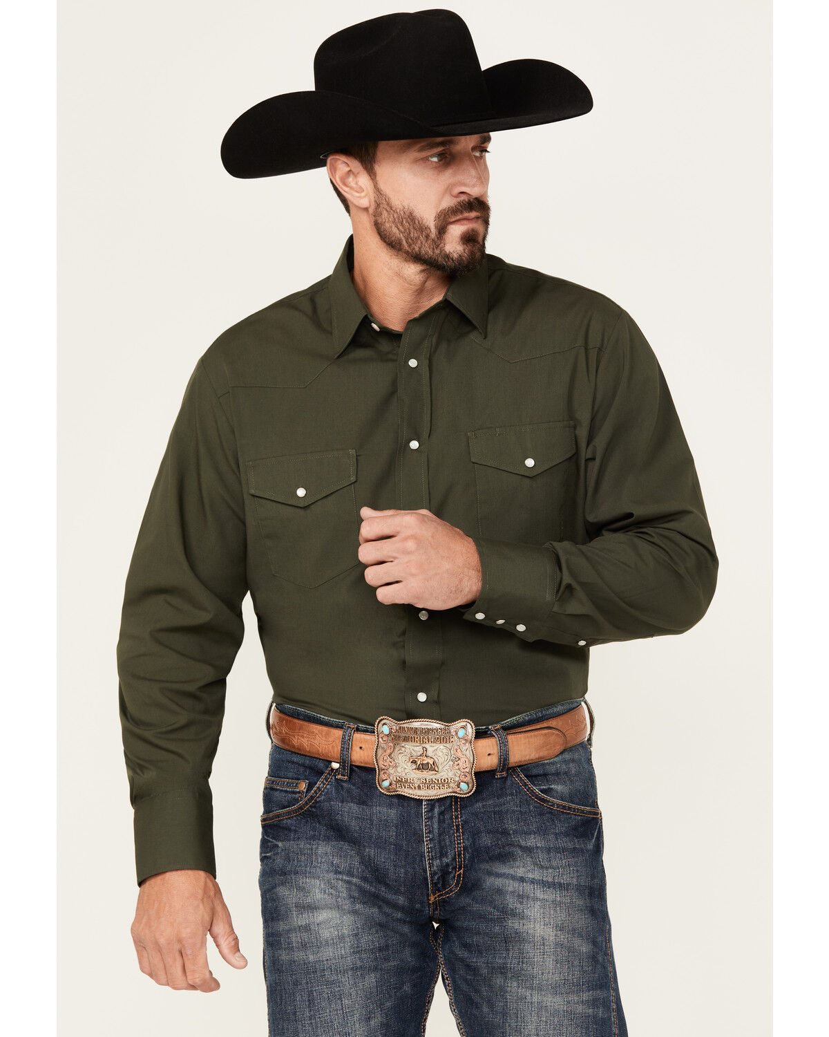 Image #1 - Roper Men's Solid Long Sleeve Pearl Snap Western Shirt, Green, hi-res