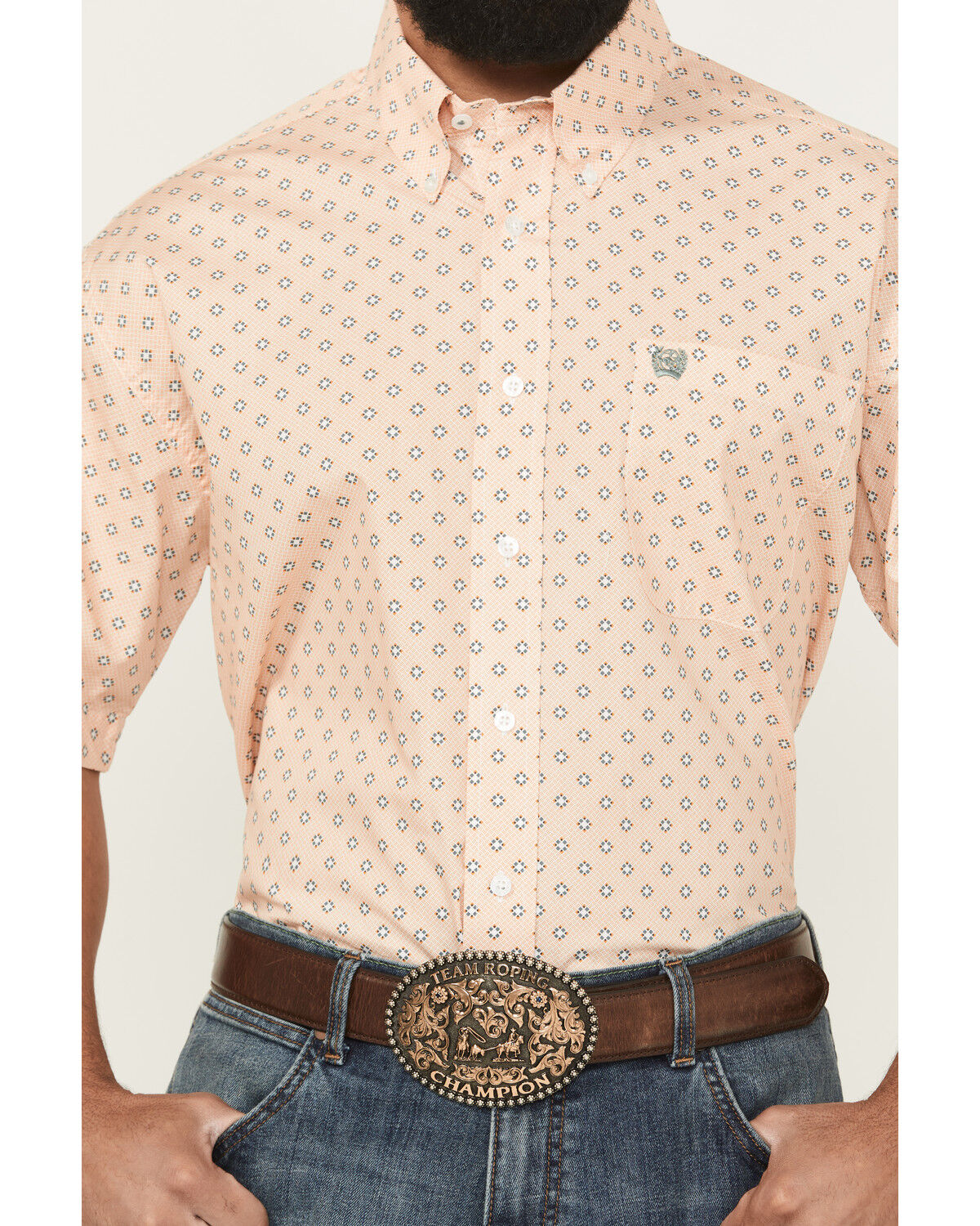 Image #3 - Cinch Men's Geo Print Short Sleeve Button-Down Western Shirt - Big, Orange, hi-res