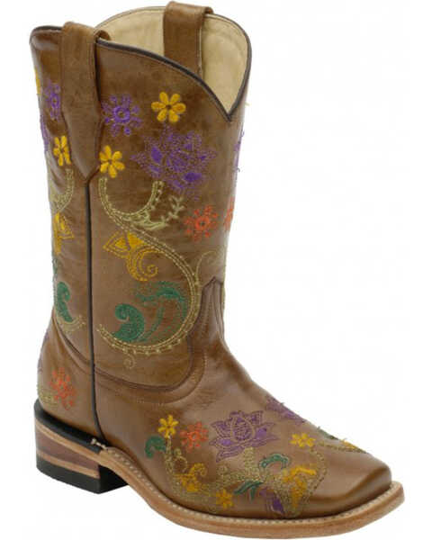 Corral Girls' Brown Multicolor Flower Vine Boots - Square Toe , Brown, hi-res