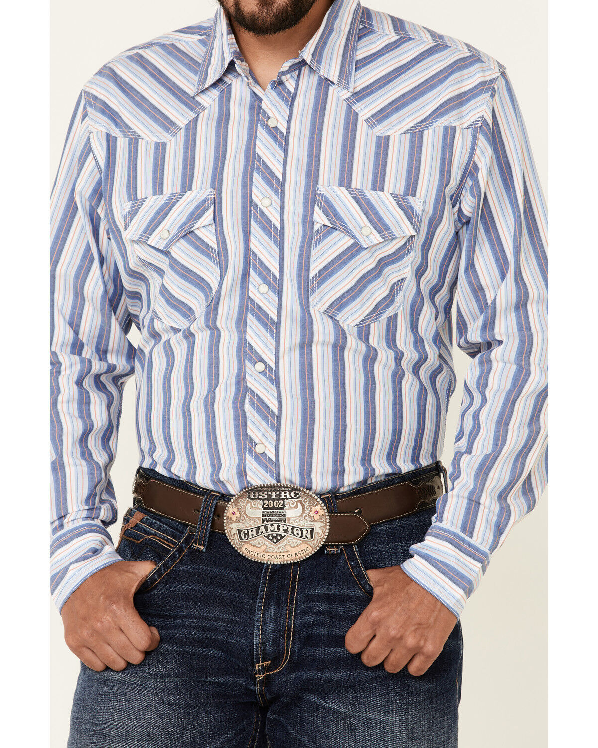 Image #3 - Wrangler 20X Men's Striped Long Sleeve Snap Western Shirt, Blue, hi-res