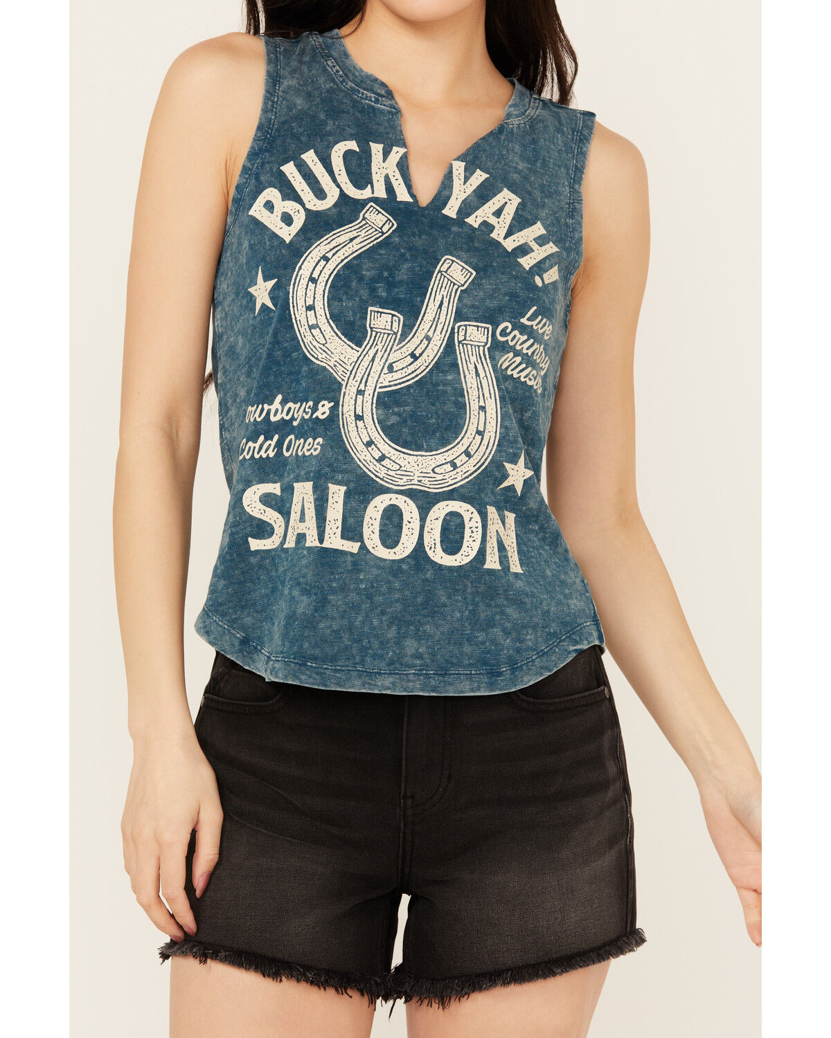 Image #3 - Shyanne Women's Buck Yah Saloon Split Neck Graphic Tank, Dark Blue, hi-res