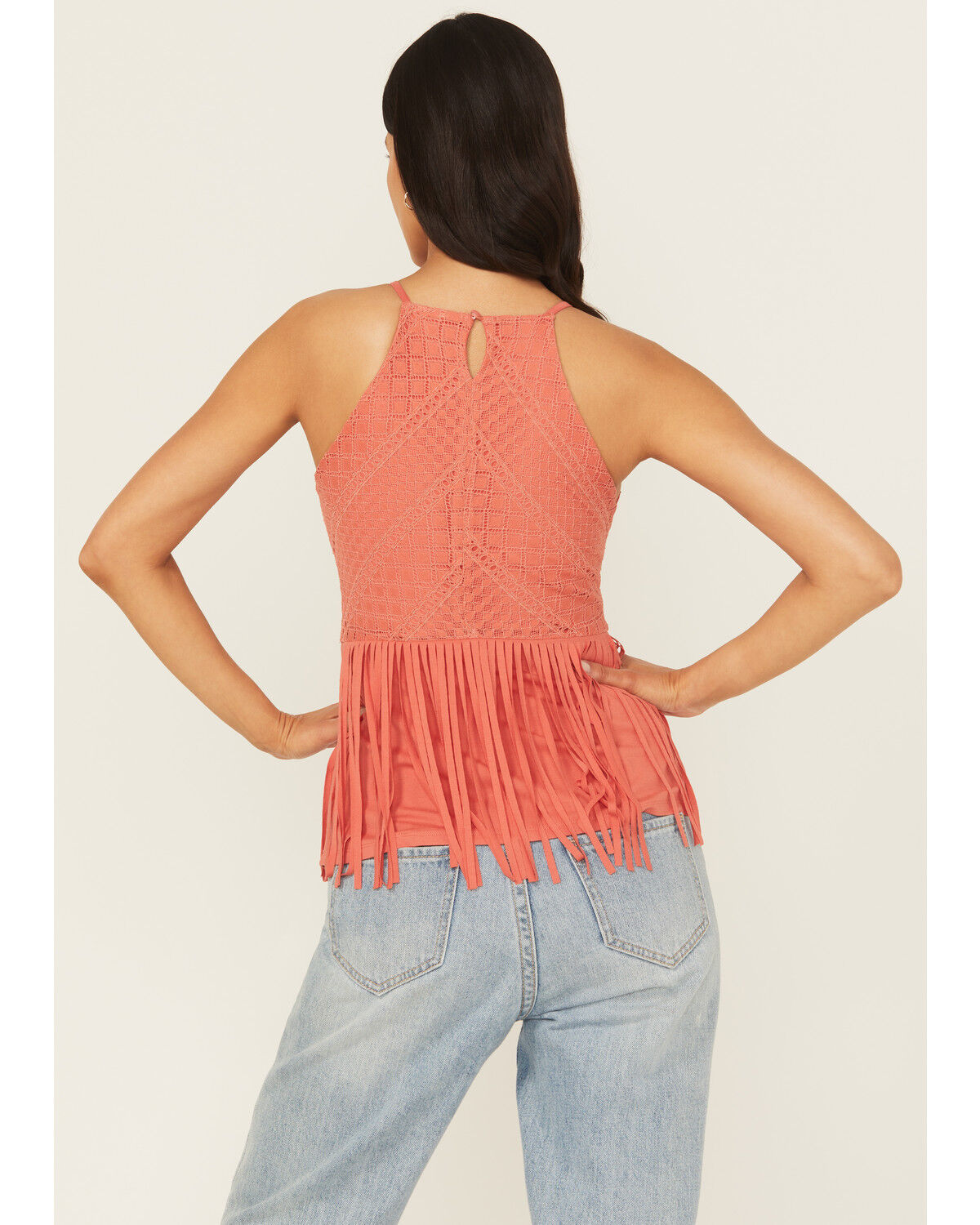 Image #4 - Shyanne Women's Stretch Lace Halter Fringe Tank, Dark Pink, hi-res