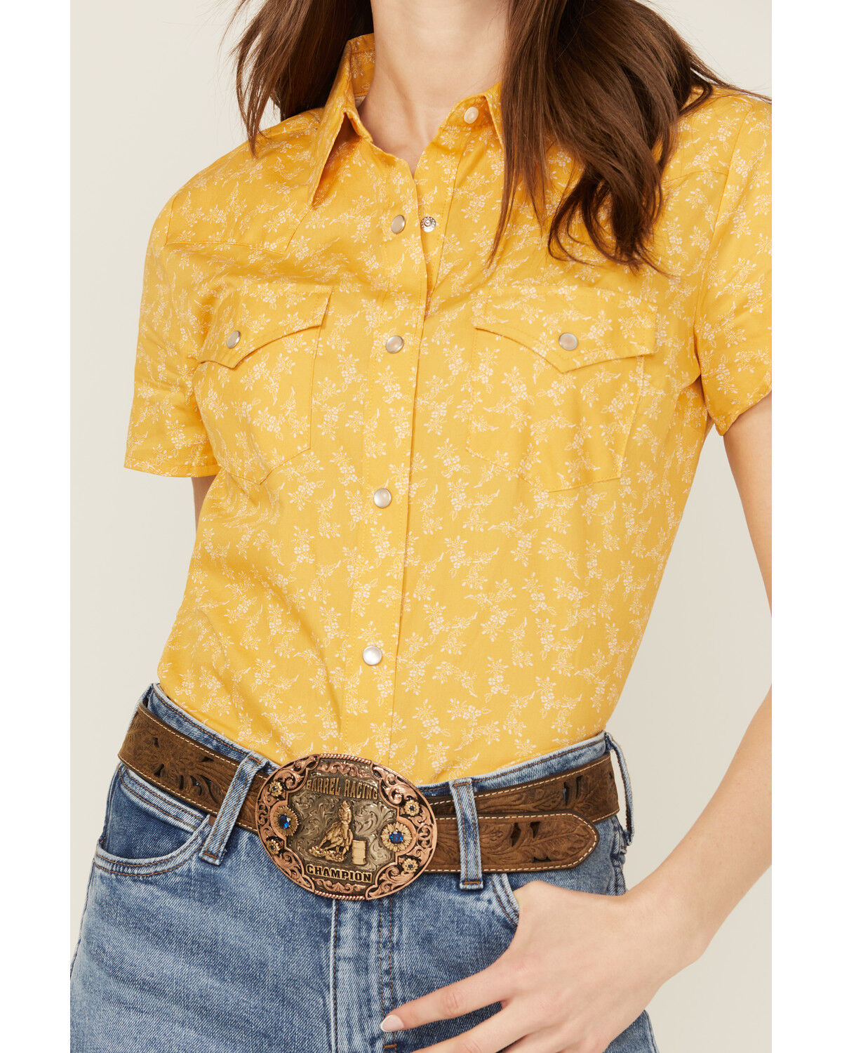 Image #3 - Wrangler Retro Women's Floral Print Short Sleeve Pearl Snap Western Shirt, Yellow, hi-res