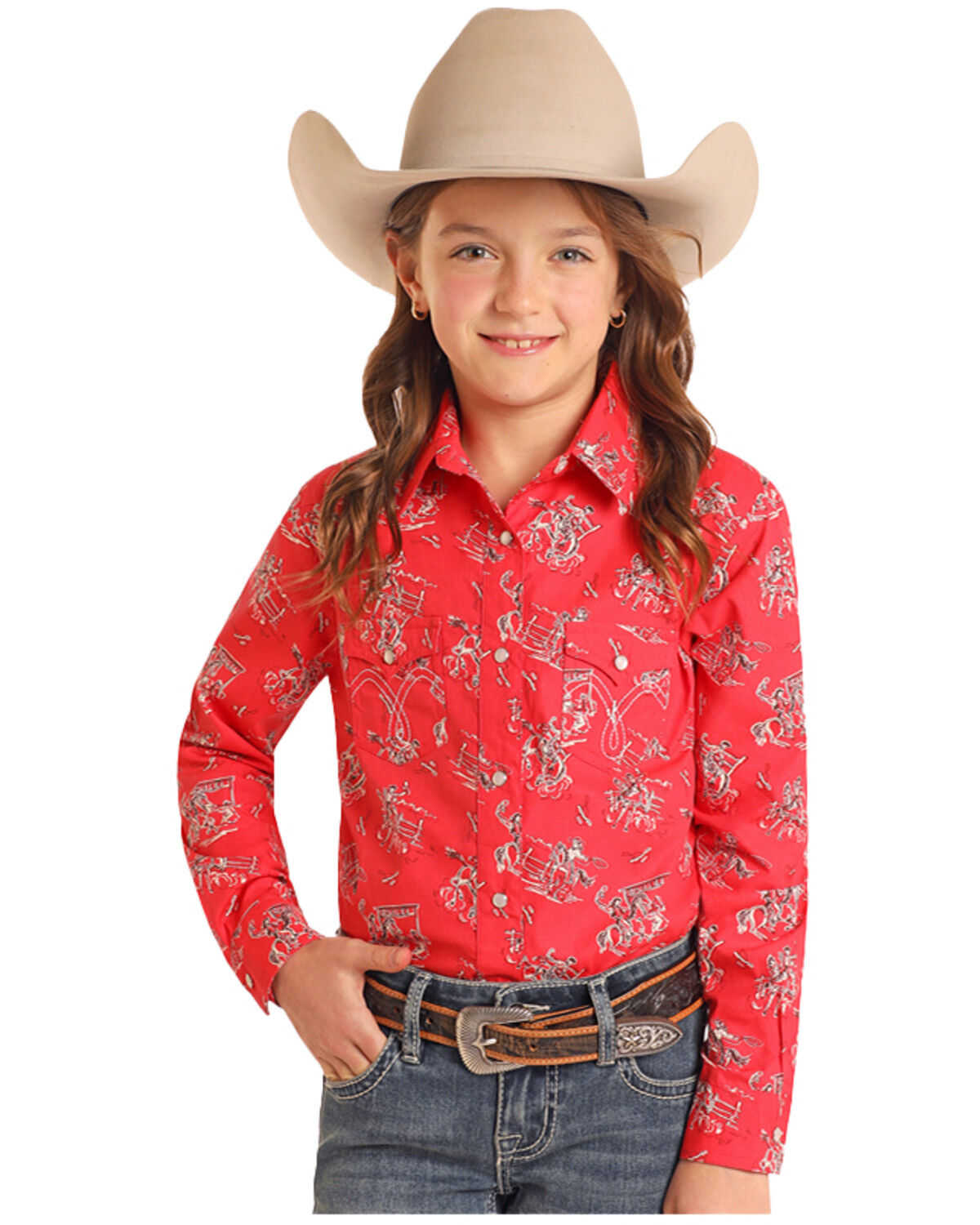Image #1 - Panhandle Girls' Conversational Print Long Sleeve Snap Western Shirt, Red, hi-res