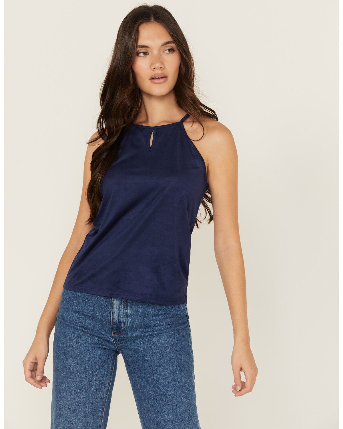 Shyanne Women's Faux Suede Halter Tank, Blue, hi-res
