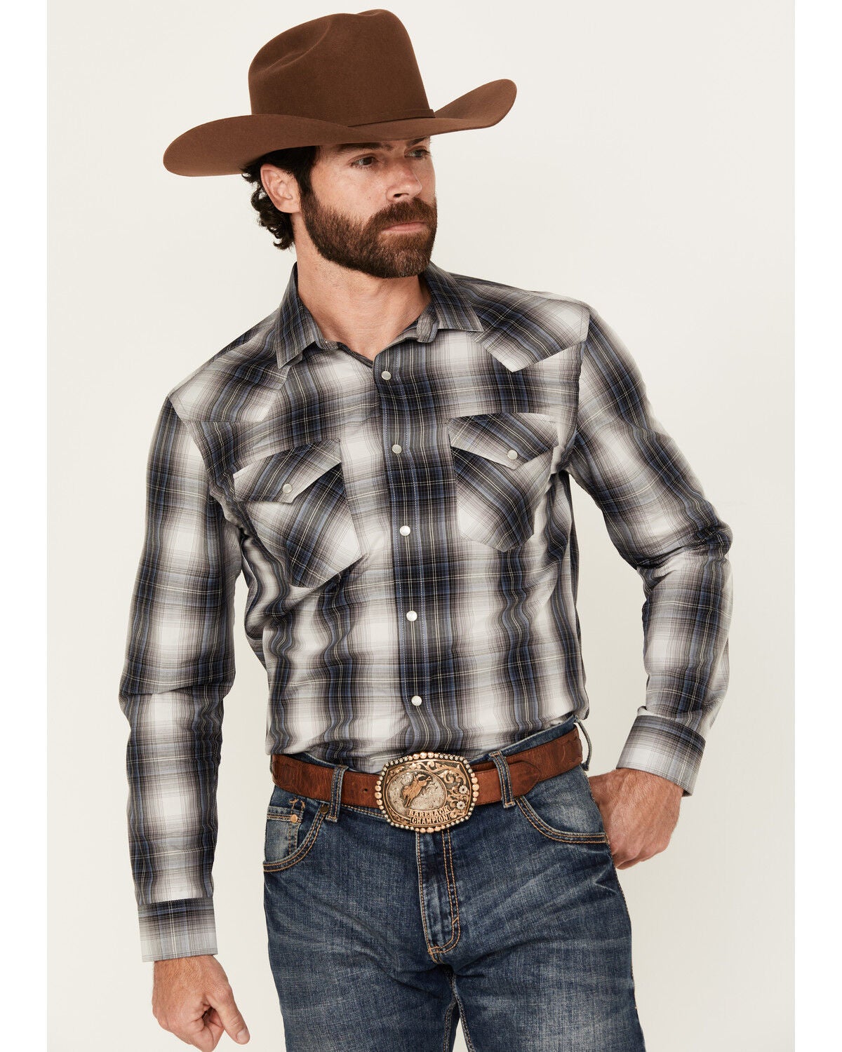 Pendleton Men's Frontier Plaid Print Long Sleeve Pearl Snap Western Shirt, Blue, hi-res