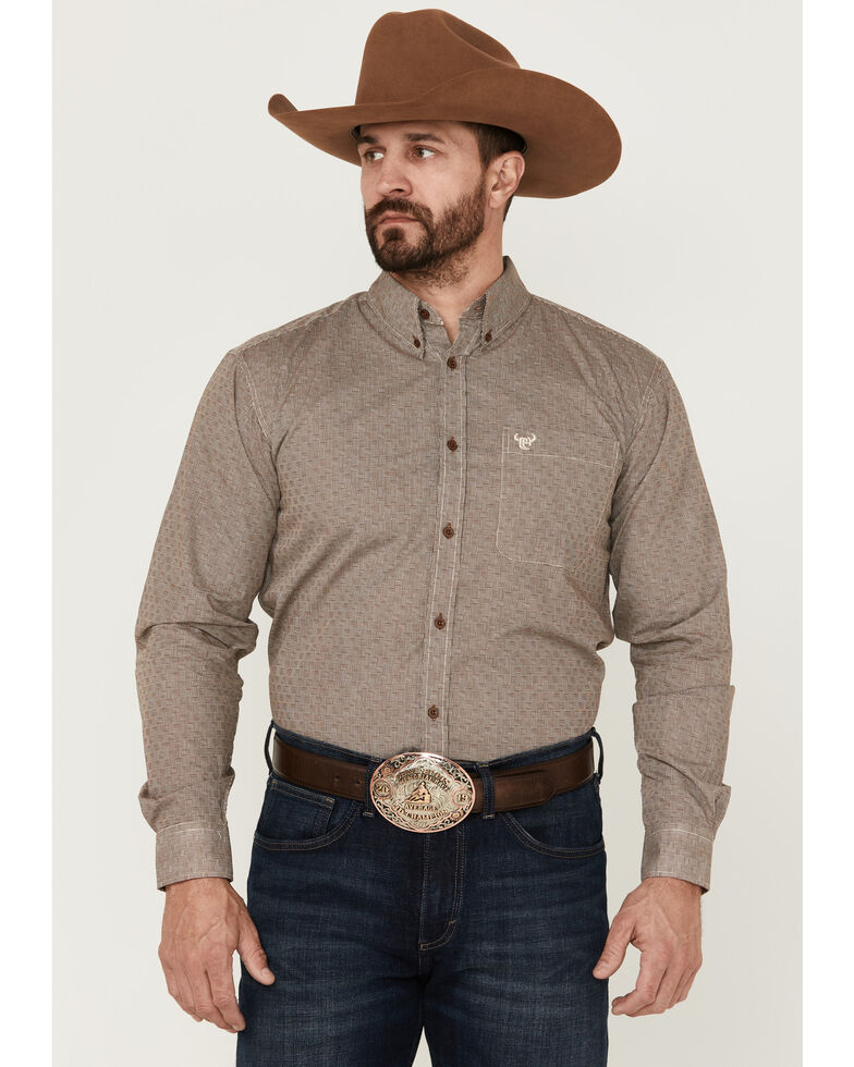 Cowboy Hardware Men's Basket Weave Print Long Sleeve Button-Down Western Shirt , Beige/khaki, hi-res