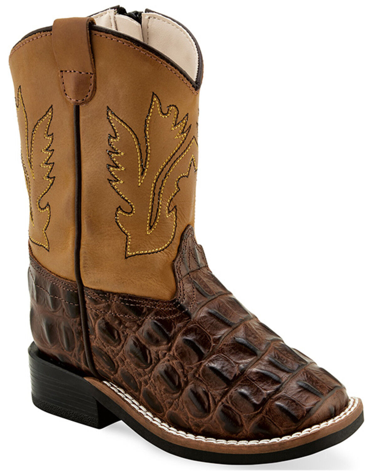 Image #1 - Old West Toddler Boys' Faux Horn Back Gator Print Western Boots - Broad Square Toe, Brown, hi-res