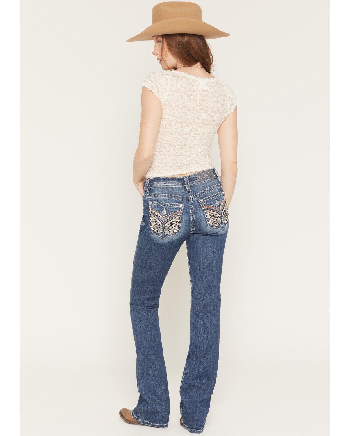 Miss Me Women's Medium Wash Mid Rise Wing Pocket 34" Bootcut Stretch Denim Jeans, Medium Wash, hi-res