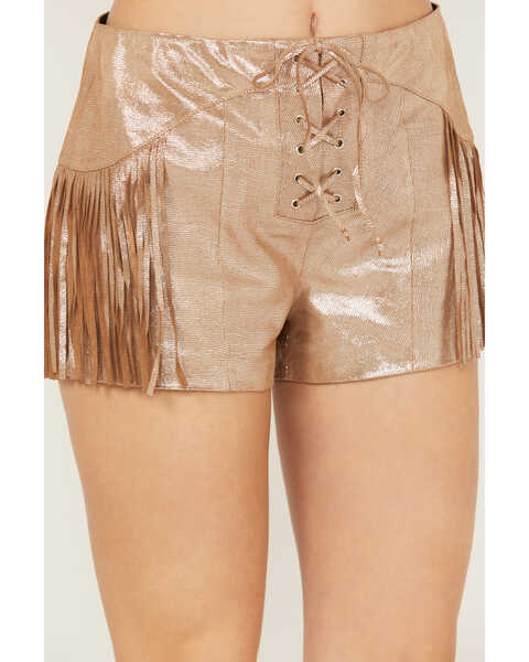 Image #2 - Wonderwest Women's Foiled Suede Shorts, Brown, hi-res