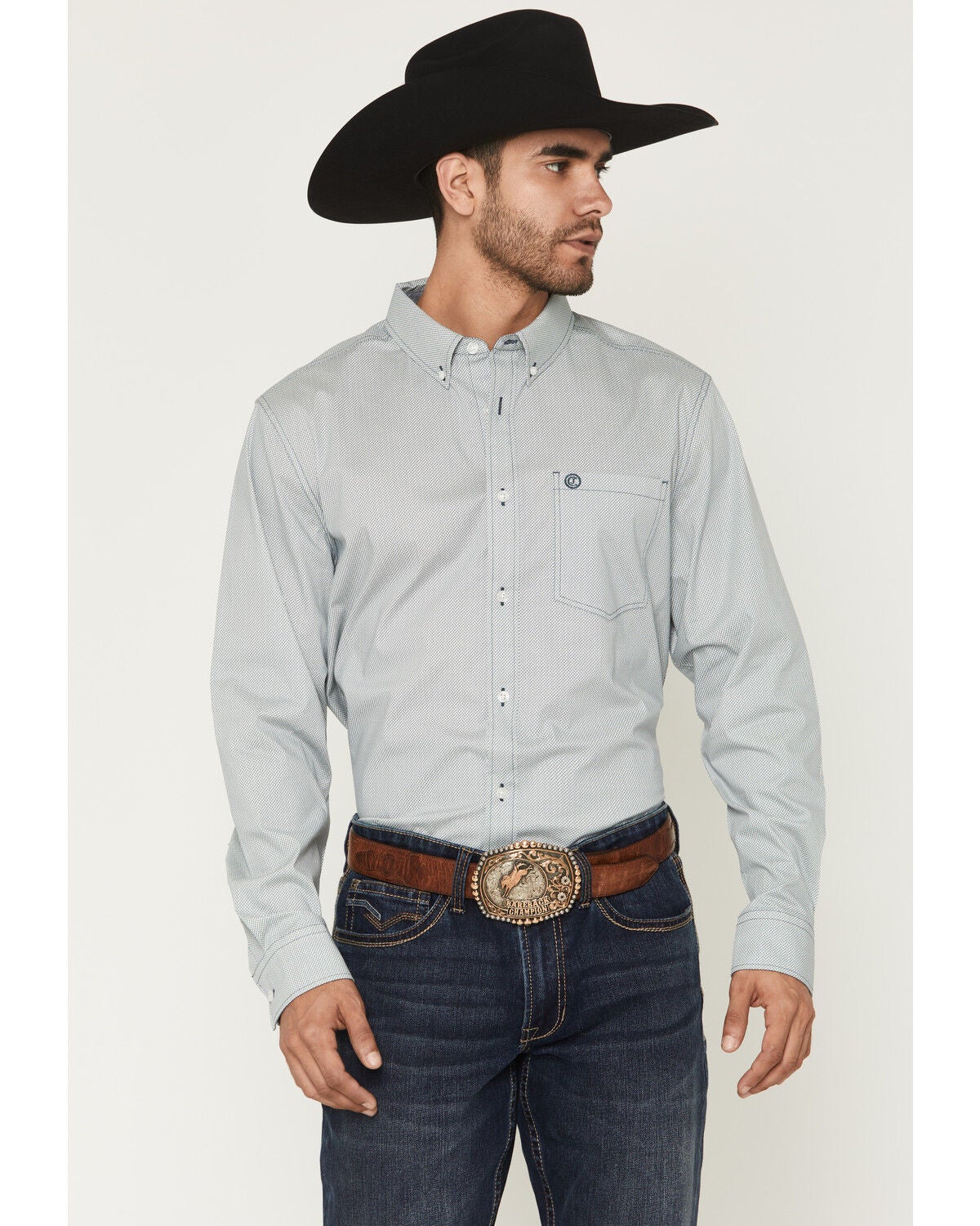 Image #1 - Cody James Men's Day Job Geo Print Long Sleeve Button-Down Stretch Western Shirt, Blue, hi-res