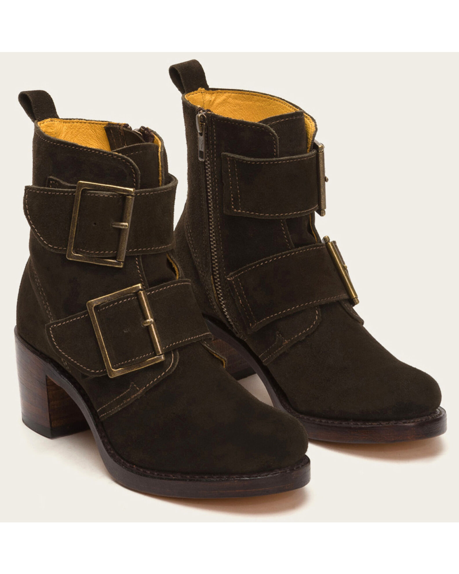 Frye Women s Sabrina Double Buckle Brown Suede Booties Country Outfitter