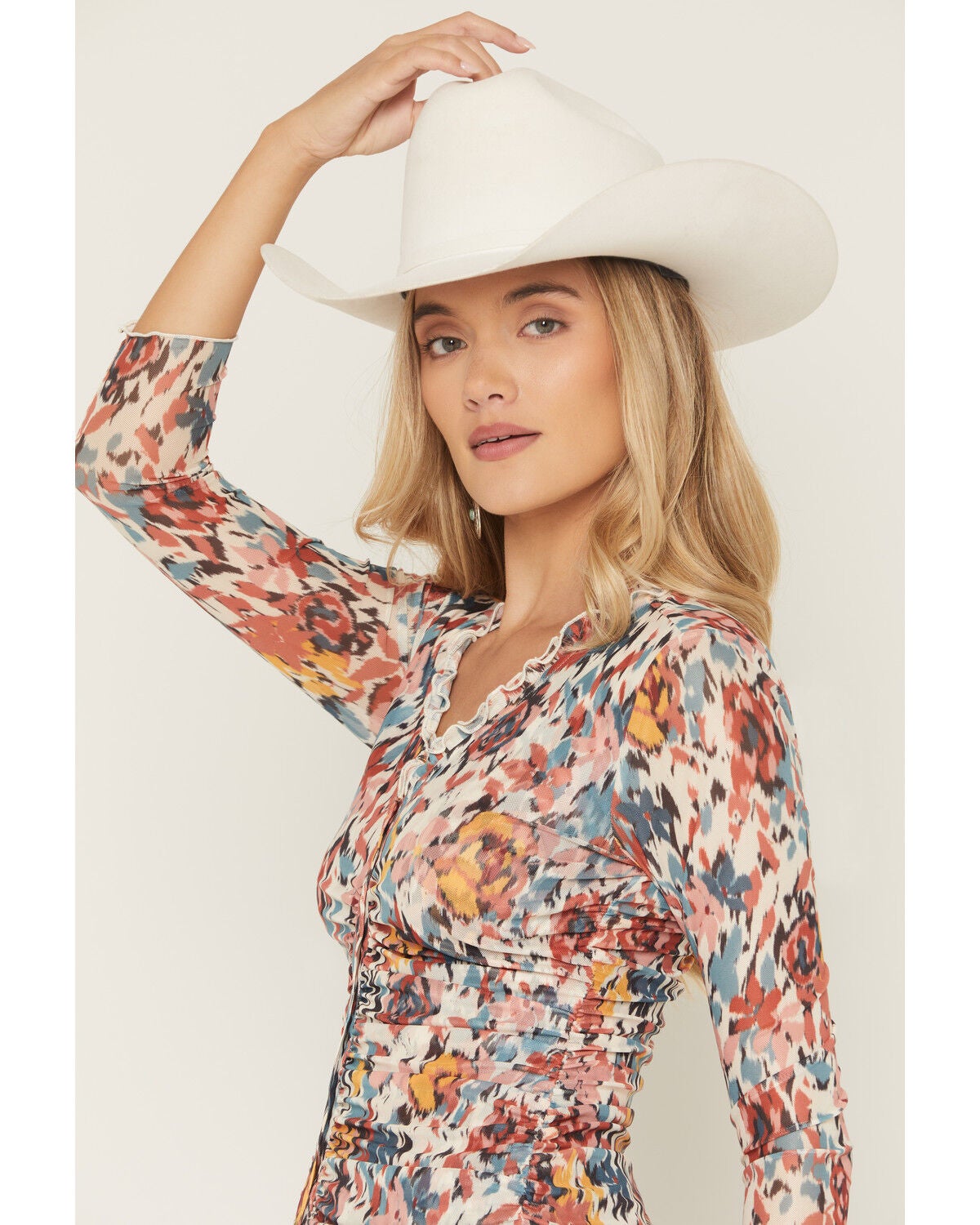 Image #3 - Shyanne Women's Floral Print Long Sleeve Button-Down Mesh Shirt, Cream, hi-res