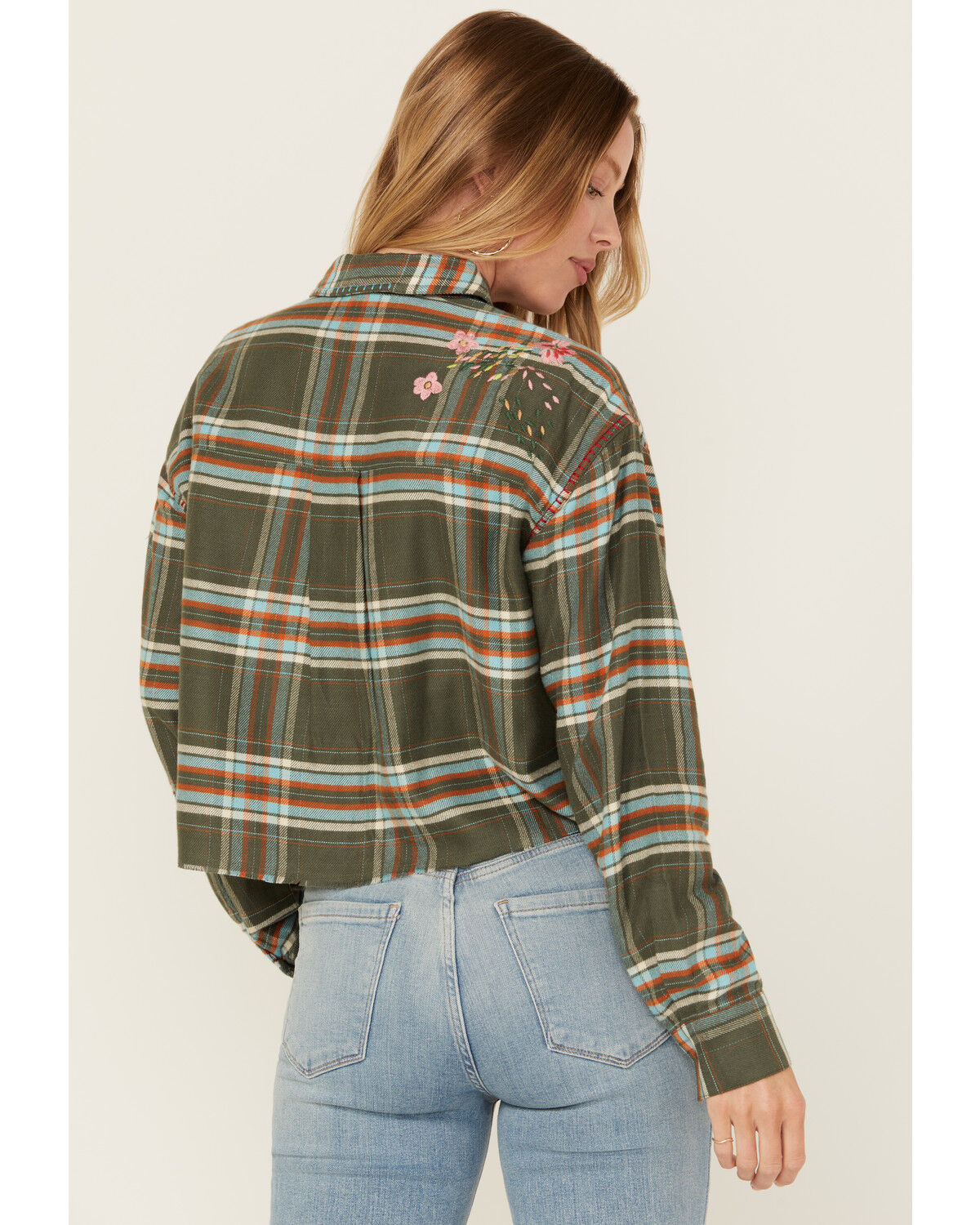 Image #4 - Cleo + Wolf Women's Corrie Plaid Print Embroidered Long Sleeve Snap Cropped Shirt, Dark Green, hi-res