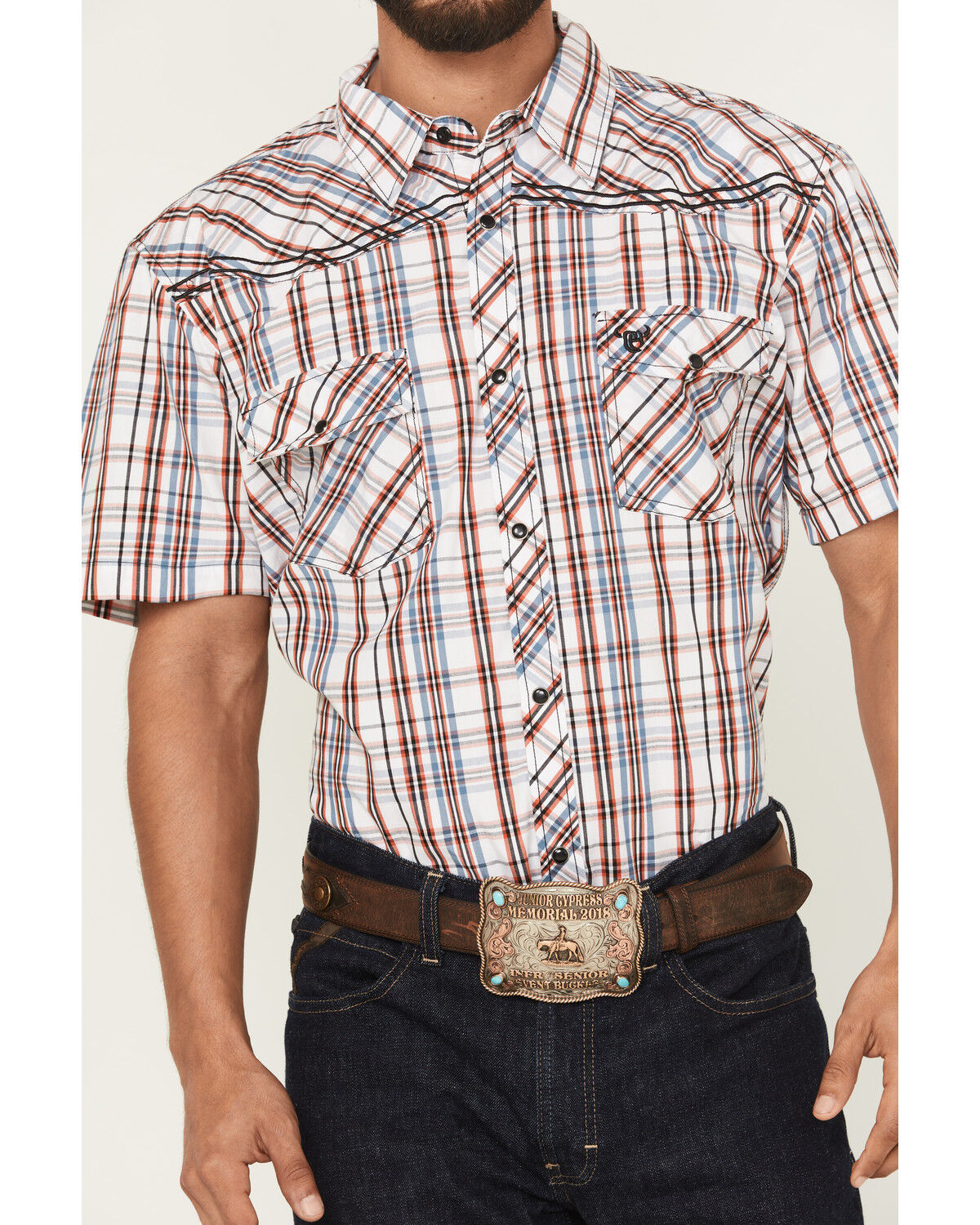 Image #3 - Cowboy Hardware Men's Austin Plaid Print Short Sleeve Snap Western Shirt, Orange, hi-res