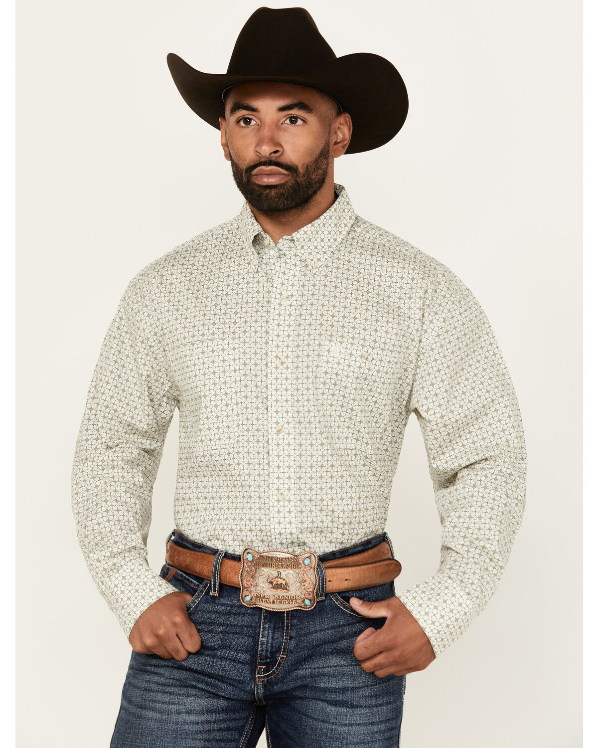Image #1 - George Strait by Wrangler Men's Medallion Print Long Sleeve Button-Down Western Shirt - Tall, White, hi-res