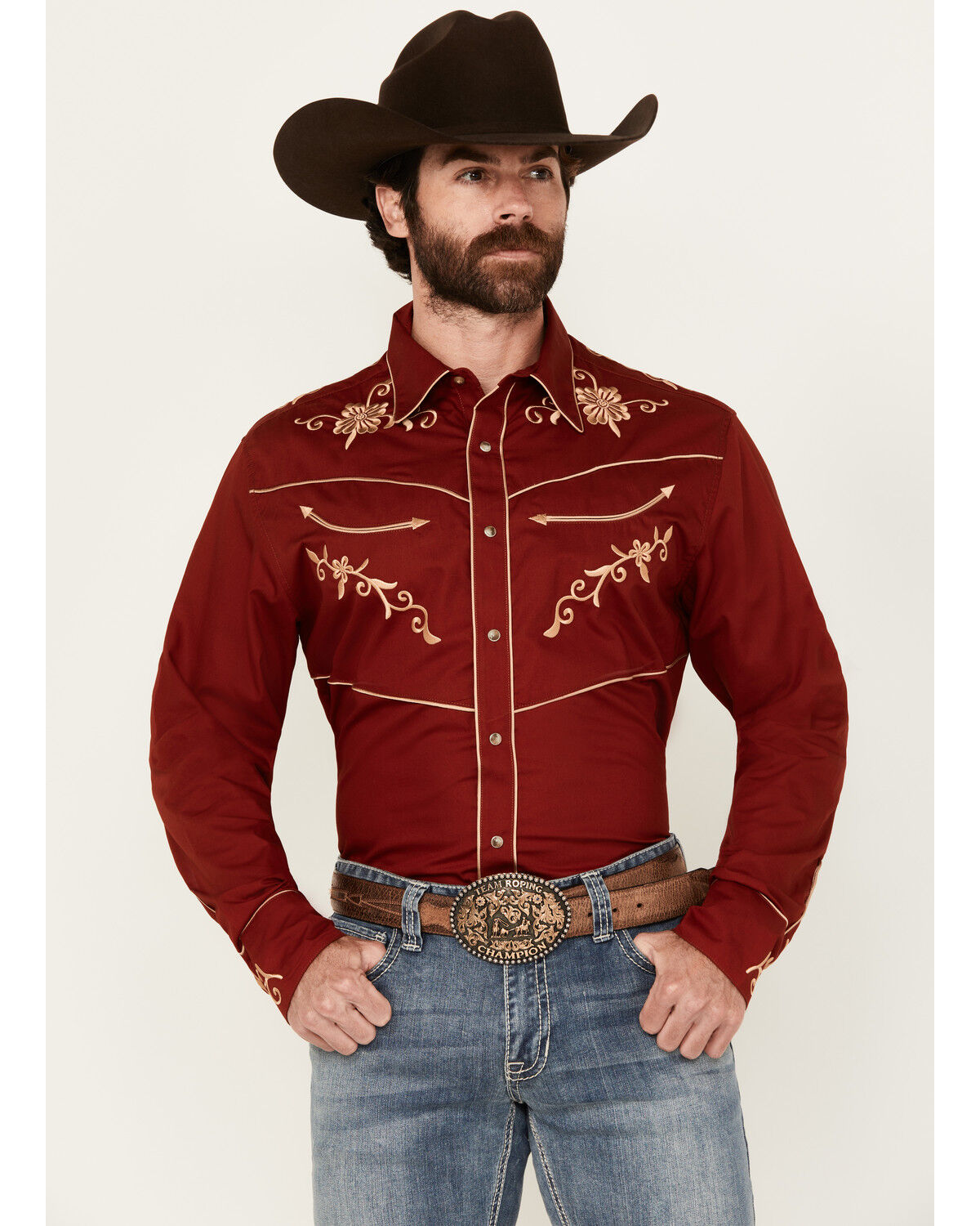 Image #1 - Wrangler Men's Rodeo Ben Embroidered Long Sleeve Snap Western Shirt, Red, hi-res