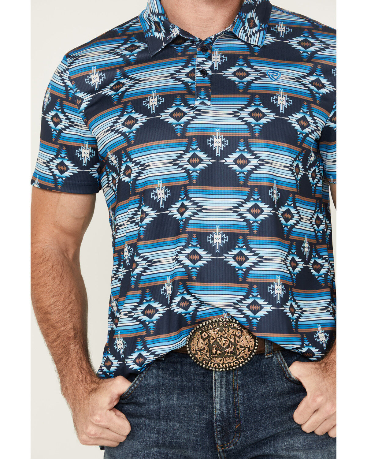 Image #3 - Rock & Roll Denim Men's Boot Barn Exclusive Southwestern Print Short Sleeve Polo Shirt, Navy, hi-res