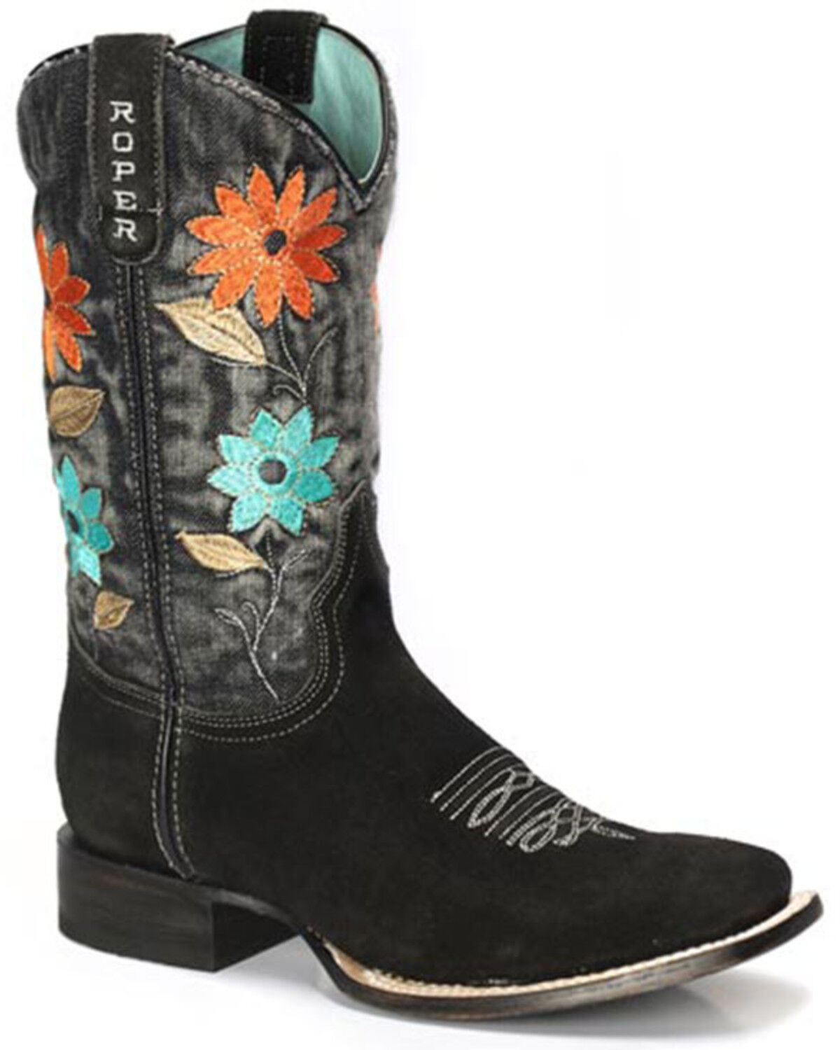 Image #1 - Roper Women's Flower Power Western Boots - Broad Square Toe, Black, hi-res