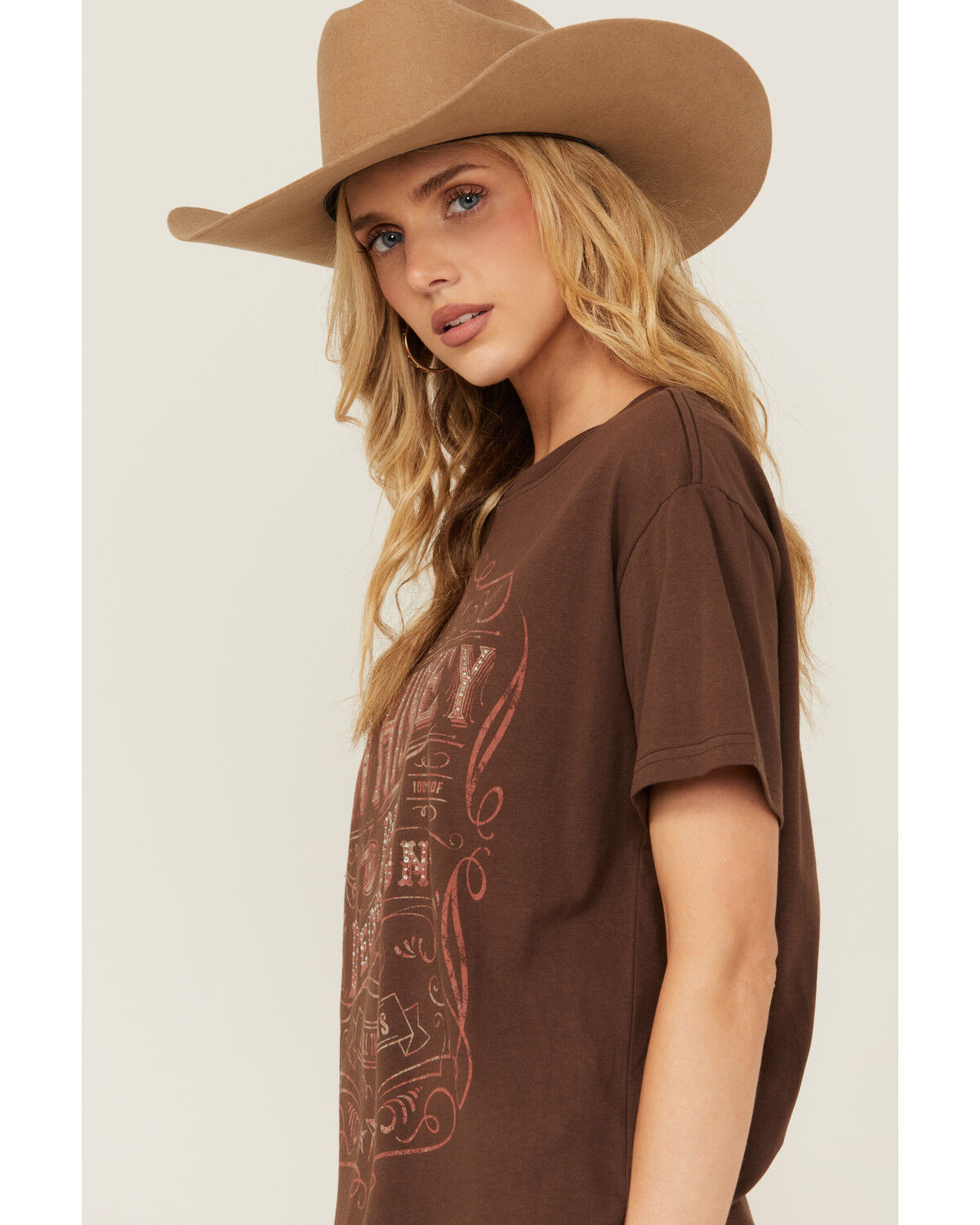 Image #2 - Shyanne Women's Whiskey Rhinestone Boyfriend Fit Short Sleeve Graphic Tee, Chocolate, hi-res