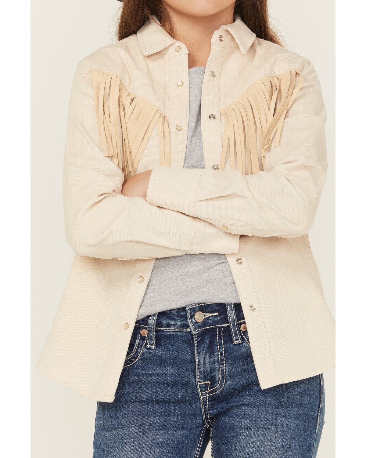Image #2 - Shyanne Girls' Fringe Corduroy Long Sleeve Snap Western Shirt, Natural, hi-res