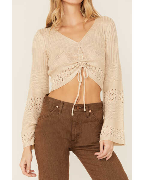 Image #2 - Lush Clothing Cinch Front Pointelle Bell Sleeve Top, Oatmeal, hi-res