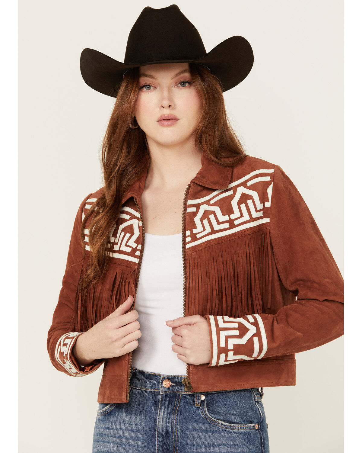 Image #1 - Shyanne Women's Embroidered Fringe Suede Jacket, Lt Brown, hi-res