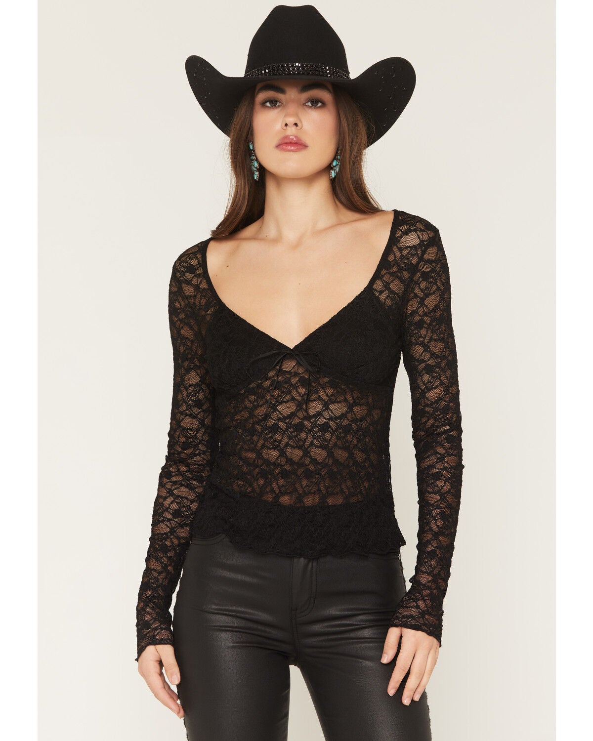 Miss Me Women's Lace Long Sleeve Shirt, Black, hi-res