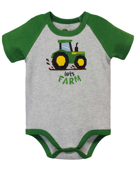John Deere Infant Boys' Raglan Short Sleeve Tractor Onesie, Grey, hi-res