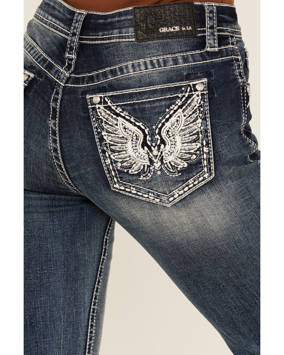 Image #2 - Grace In LA Women's Medium Wash Wing Embroidered Mid Rise Bootcut Stretch Denim Jeans, Medium Wash, hi-res