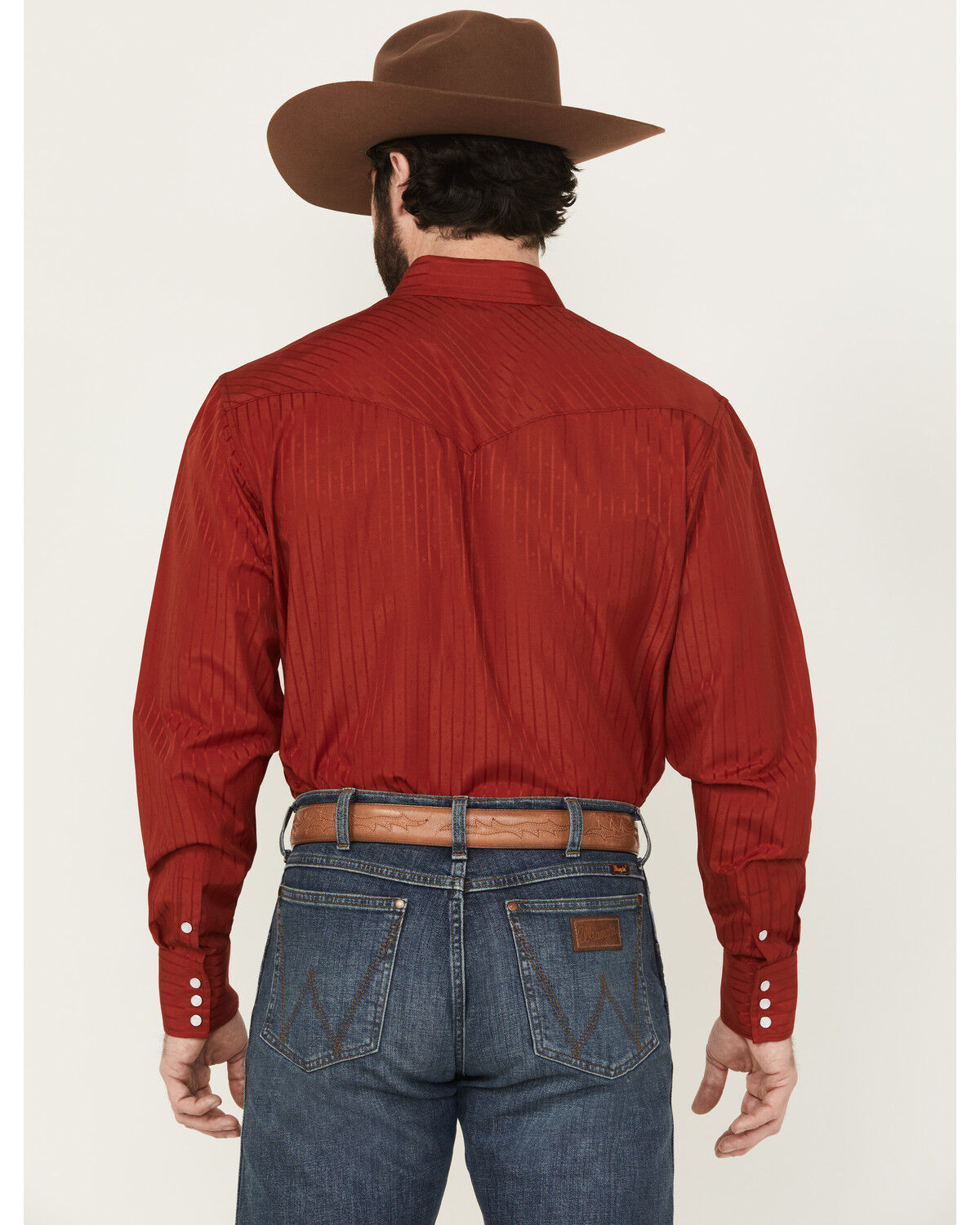 Image #4 - Rodeo Clothing Men's Tonal Striped Long Sleeve Pearl Snap Western Shirt, Red, hi-res