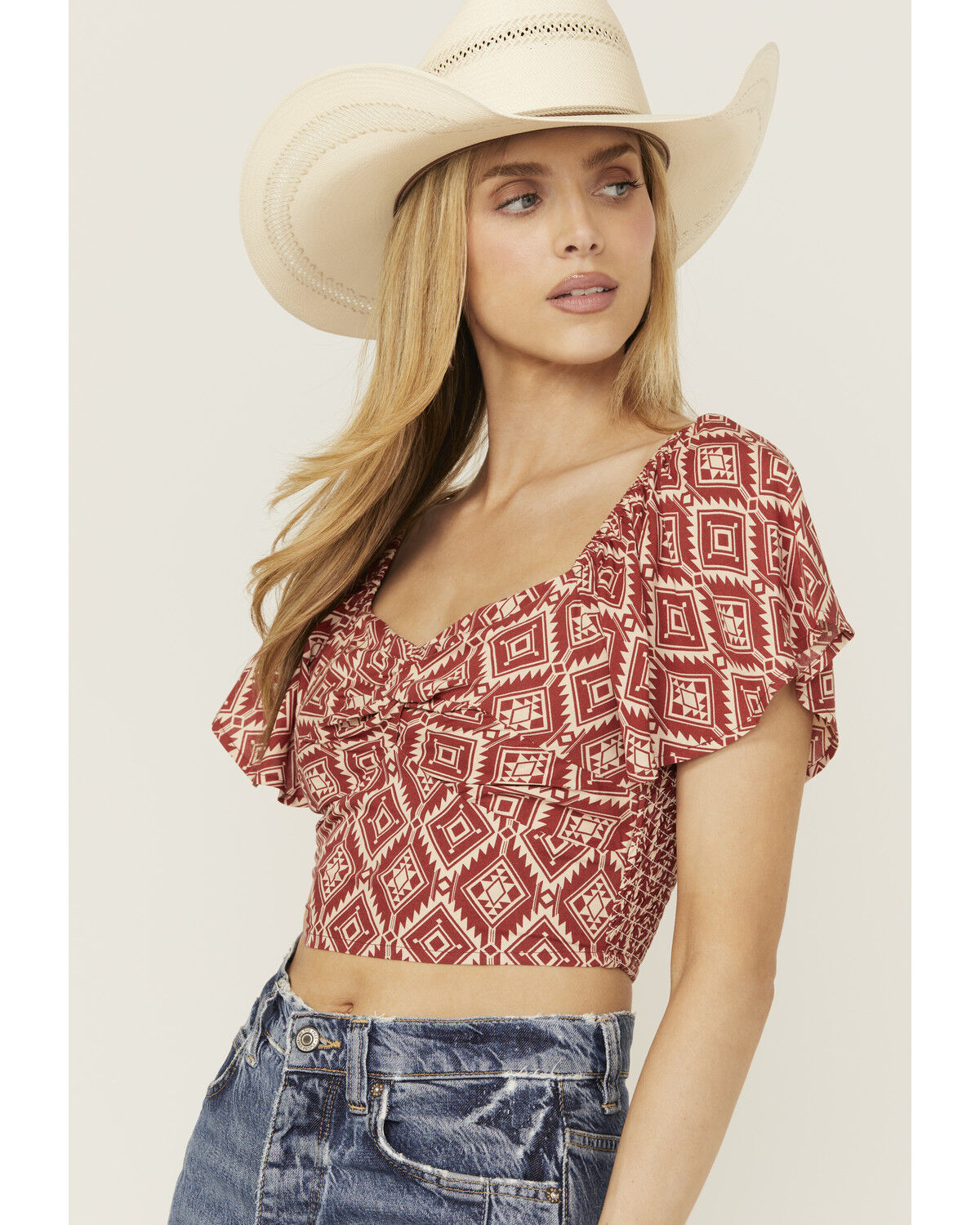 Image #2 - Rock & Roll Denim Women's Southwestern Print Flutter Short Sleeve Top, Red, hi-res