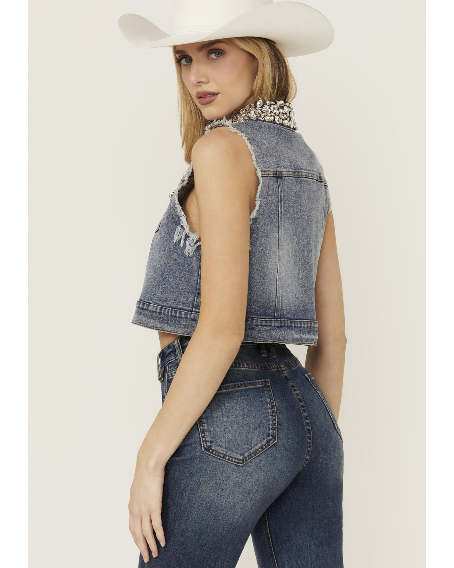 Blue B Women s Rhinestone Cropped Denim Vest